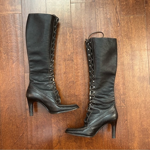 Michael, Michael Kors, Dark Brown Knee-High Lace-Up Pebbled Leather Boots Size 7 - Picture 1 of 16